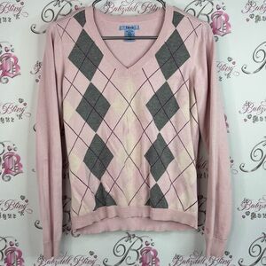 Izod sweater argyle diamond print Pink and Gray Argyle V-Neck Sweater